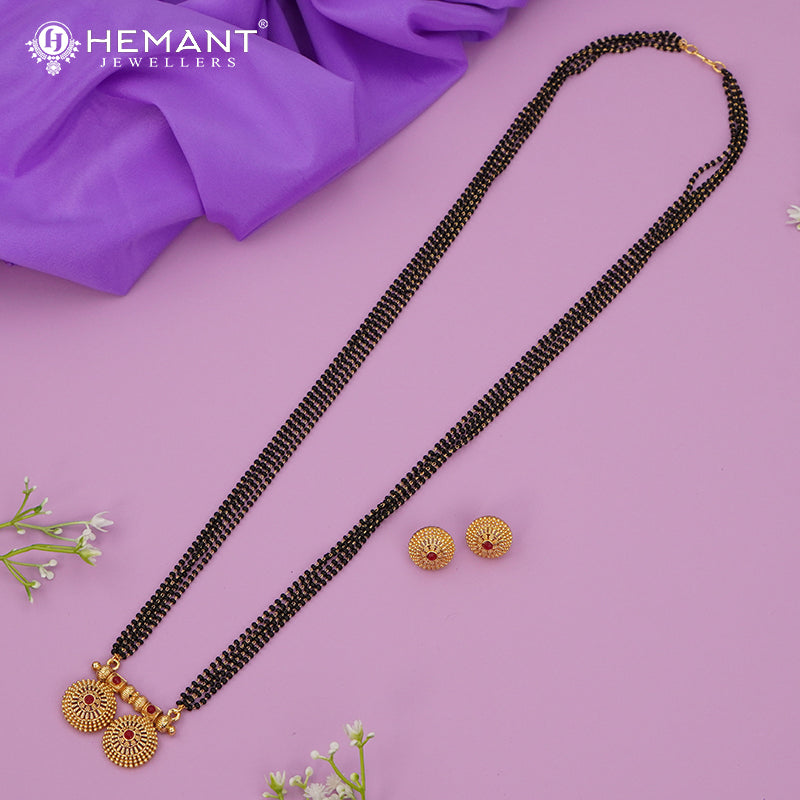 Traditional Antique Gold Finish Long Four Layer Vati Mangalsutra Set with Earrings