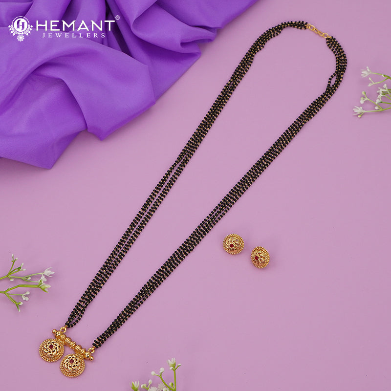 Traditional Antique Gold Finish Long Four Layer Vati Mangalsutra Set with Earrings