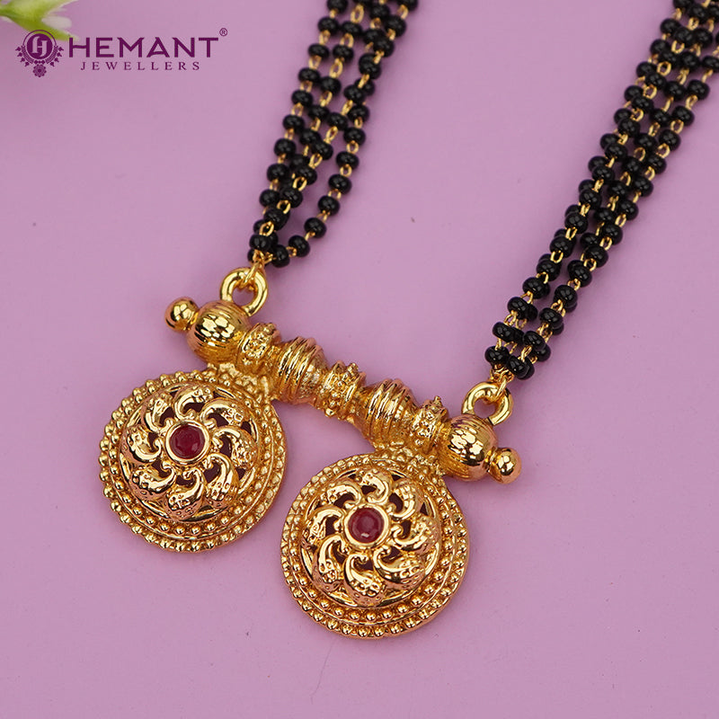 Traditional Antique Gold Finish Long Four Layer Vati Mangalsutra Set with Earrings