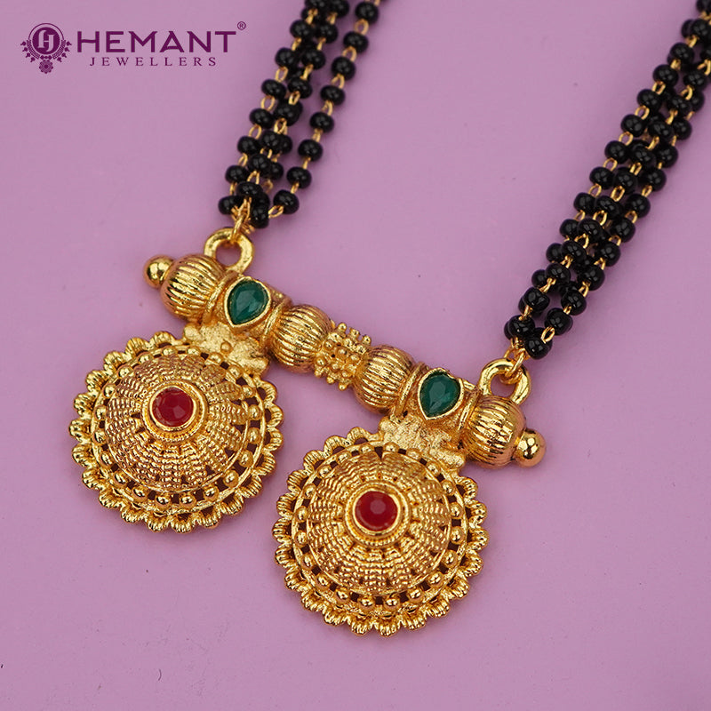 Traditional Antique Gold Finish Long Four Layer Vati Mangalsutra Set with Earrings
