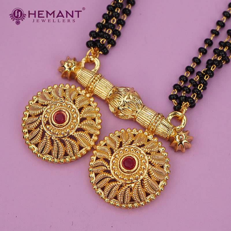 Traditional Antique Gold Finish Long Four Layer Vati Mangalsutra Set with Earrings
