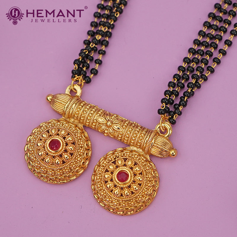 Traditional Antique Gold Finish Long Four Layer Vati Mangalsutra Set with Earrings