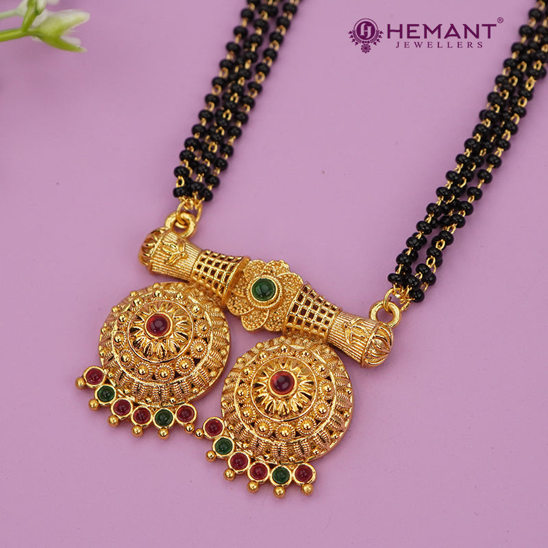 Traditional Antique Gold Finish Long Four Layer Vati Mangalsutra Set with Earrings