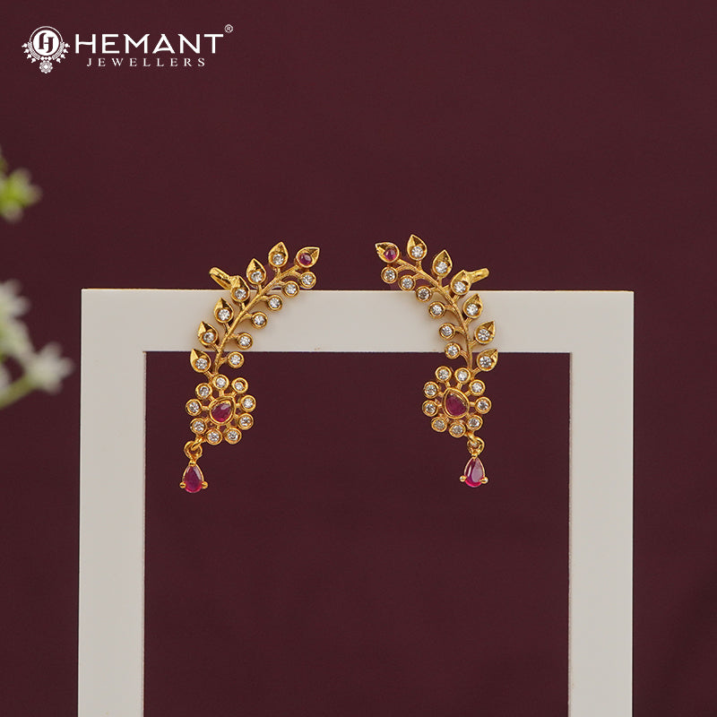 Traditional Antique Gold Plated Kan with Ruby-Green Stones & Pearl Drop Jhumkas (Ear Cuffs) 