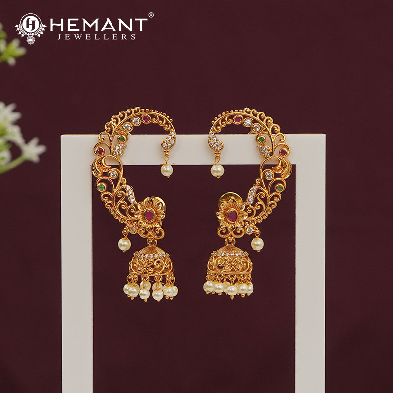 Traditional Antique Gold Plated Kan with Ruby-Green Stones & Pearl Drop Jhumkas (Ear Cuffs) - 4668