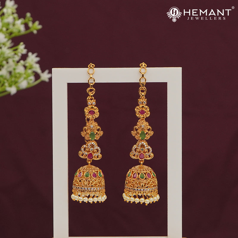 Traditional Antique Gold Plated Kan with Ruby-Green Stones & Pearl Drop Jhumkas (Ear Cuffs) - 5380