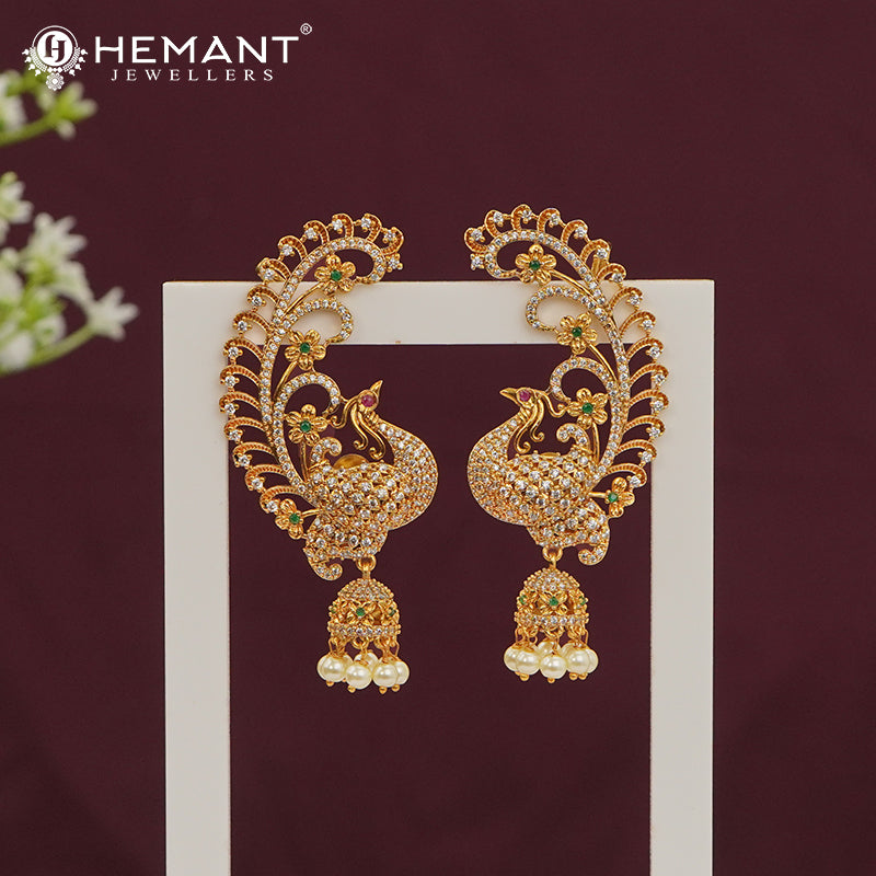 Traditional Antique Gold Plated Kan with Ruby-Green Stones & Pearl Drop Jhumkas (Ear Cuffs) - 4667