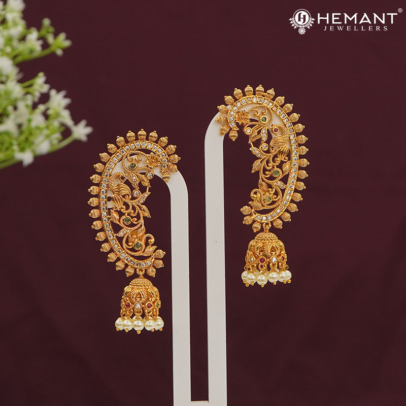 Traditional Antique Gold Plated Kan with Ruby-Green Stones & Pearl Drop Jhumkas (Ear Cuffs) - 4666