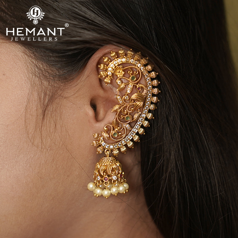 Traditional Antique Gold Plated Kan with Ruby-Green Stones & Pearl Drop Jhumkas (Ear Cuffs) - 4666