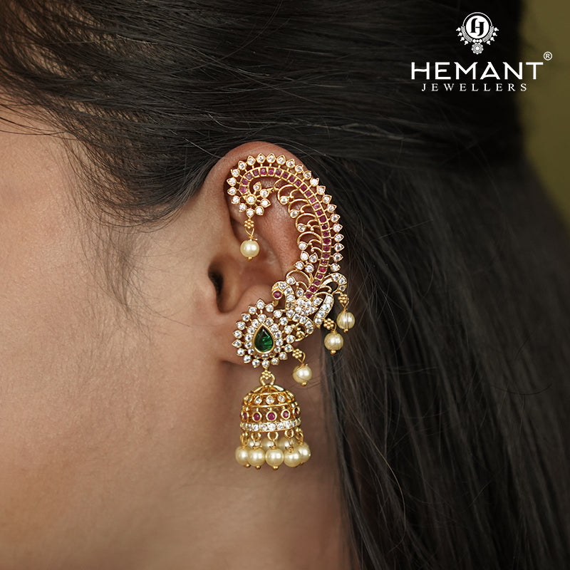 Traditional Antique Gold Plated Kan with Ruby-Green Stones & Pearl Drop Jhumkas (Ear Cuffs) - 5384