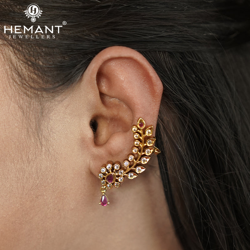 Traditional Antique Gold Plated Kan with Ruby-Green Stones & Pearl Drop Jhumkas (Ear Cuffs) 
