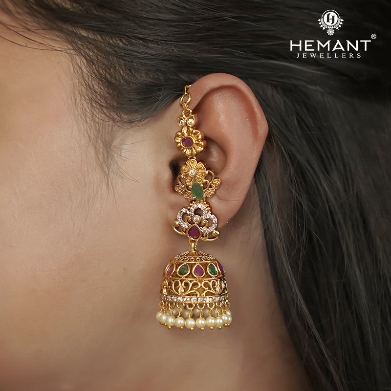 Traditional Antique Gold Plated Kan with Ruby-Green Stones & Pearl Drop Jhumkas (Ear Cuffs) - 5380