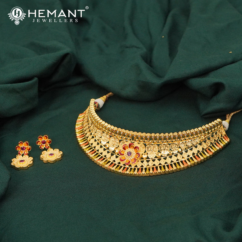 Traditional Forming Gold Kolhapuri Gala-bandh Choker Set with Meenakari - 5334