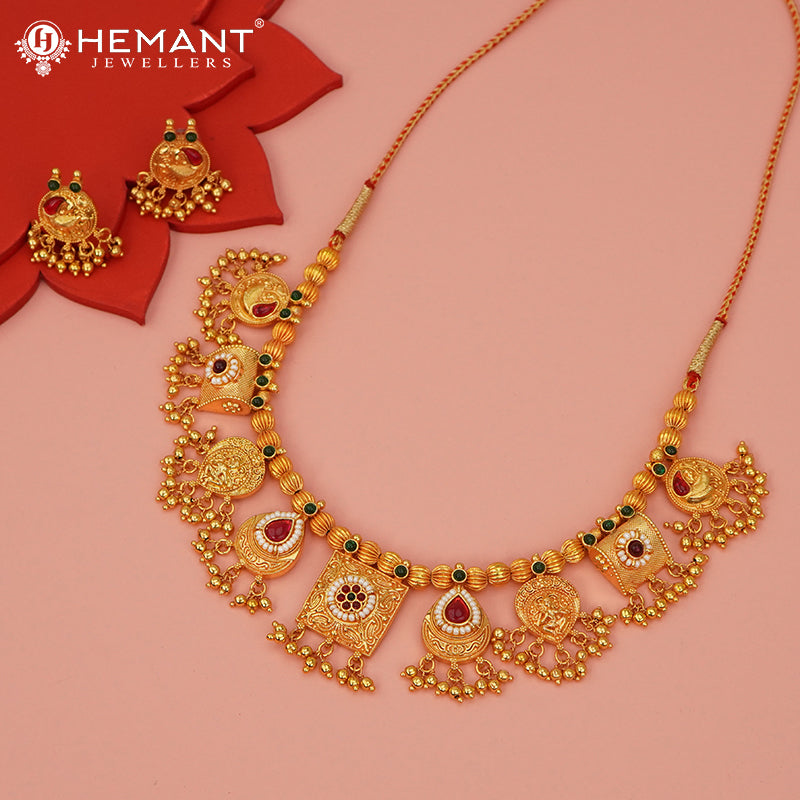 Traditional Geru Finished Peshwai Haar - Kashi Haar with Regal Square Pendant - 5490