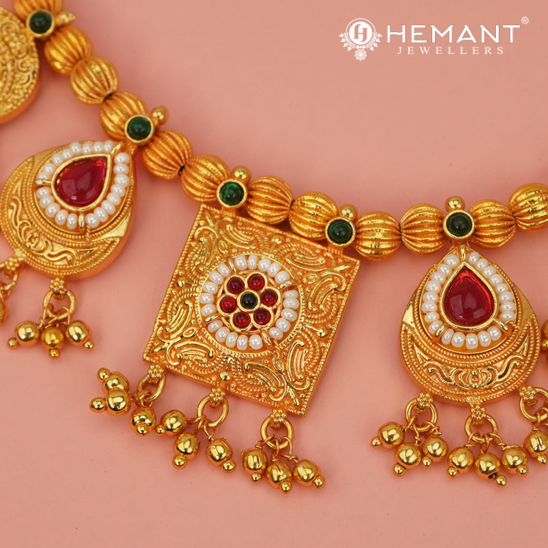 Traditional Geru Finished Peshwai Haar - Kashi Haar with Regal Square Pendant - 5490