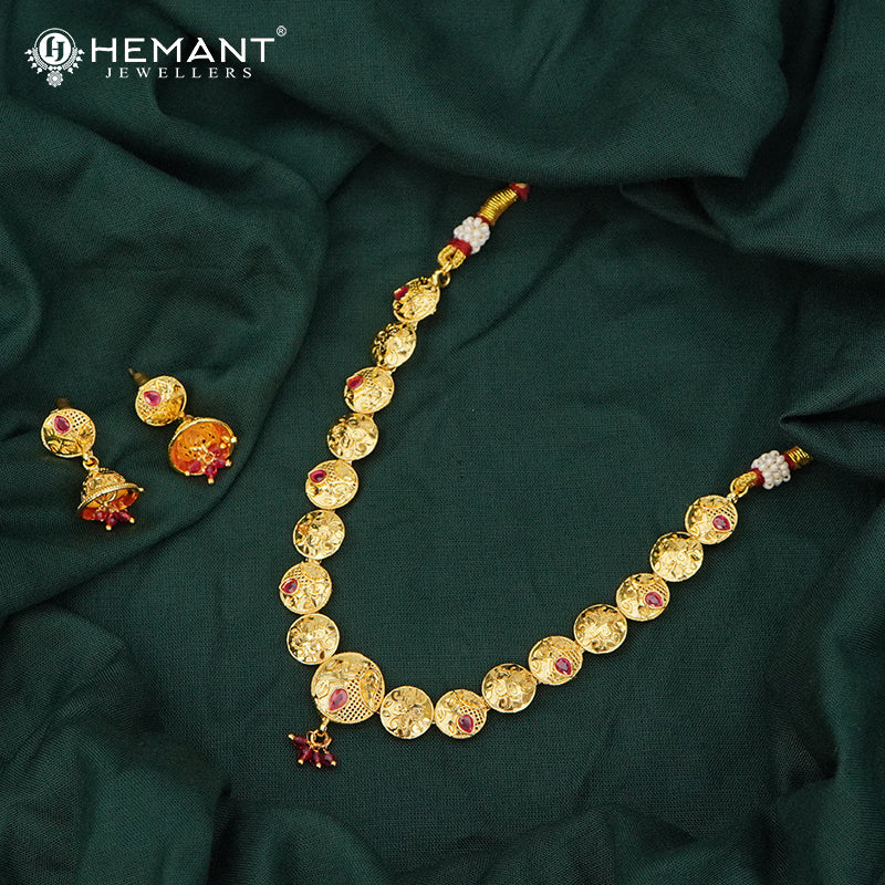 Traditional Kolhapuri Gala-bandh Necklace Set with Ruby-Finish Stones | Peshwai Disc Design - 5222