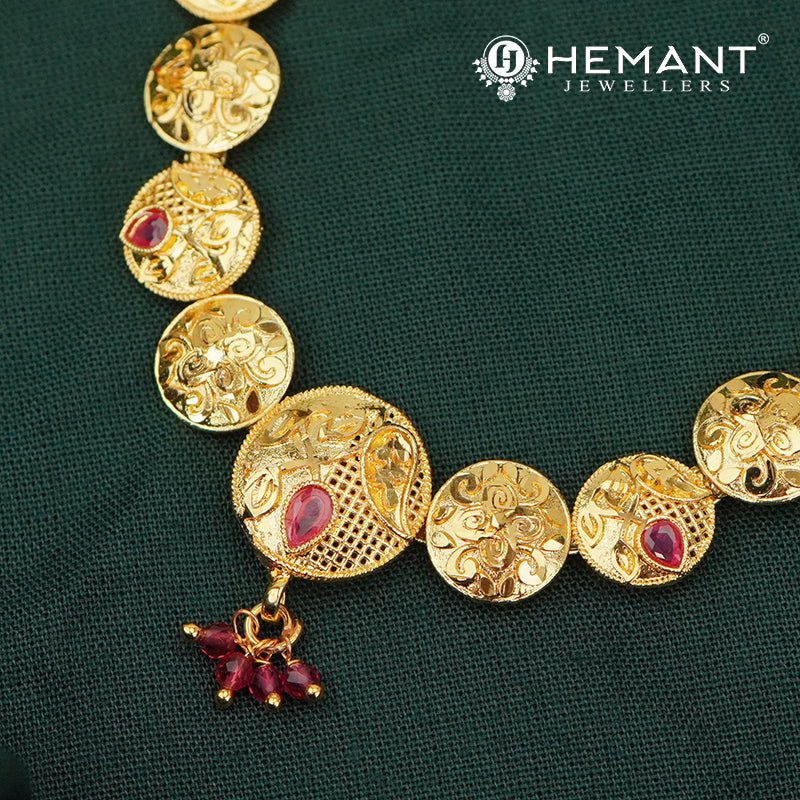 Traditional Kolhapuri Gala-bandh Necklace Set with Ruby-Finish Stones | Peshwai Disc Design - 5222