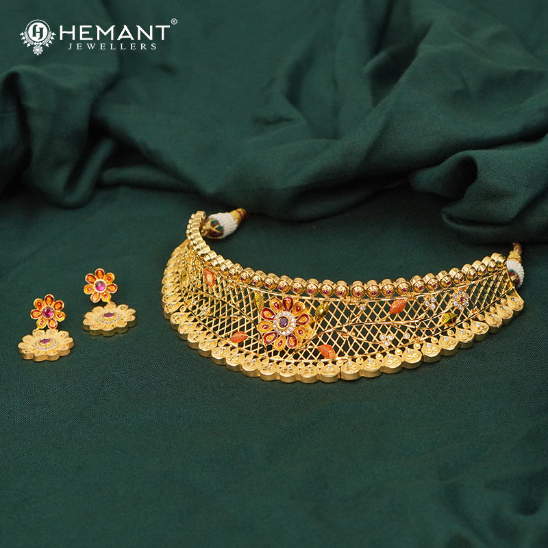 Traditional Kolhapuri Meenakari Patta Choker Necklace Set | Maharashtrian Jewellery - 5333