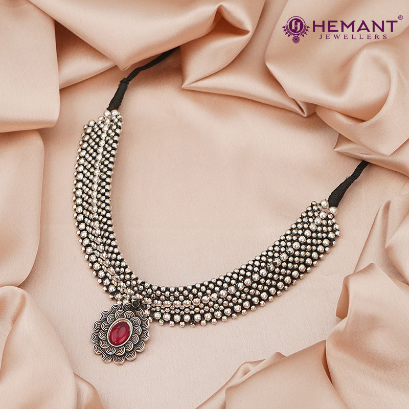 Traditional Maharashtrian Kolhapuri Double Thushi Jilbei Silver (Oxidized) - 5527