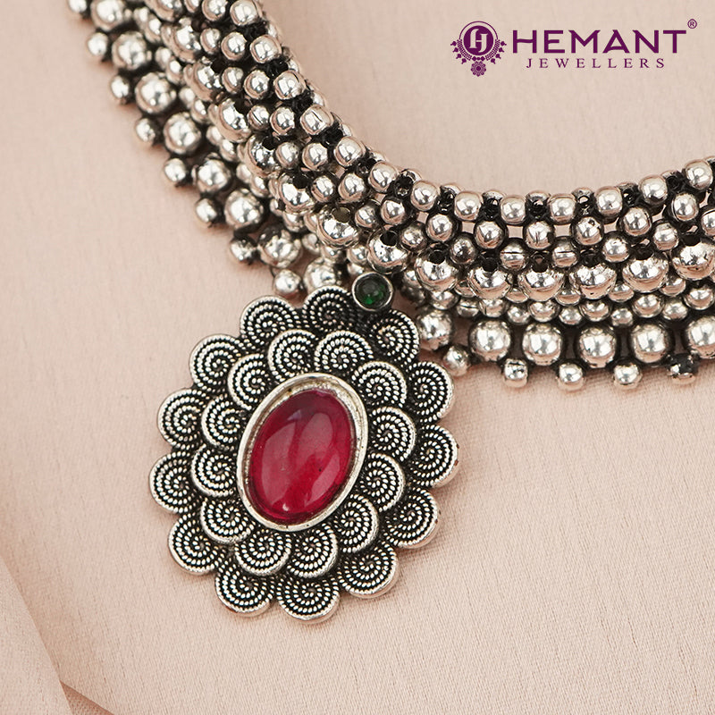 Traditional Maharashtrian Kolhapuri Double Thushi Jilbei Silver (Oxidized) - 5527