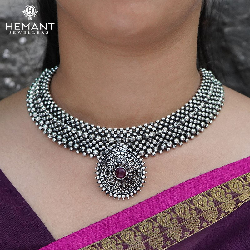 Traditional Maharashtrian Kolhapuri Double Thushi Rava Peacock Silver (Oxidized) WT