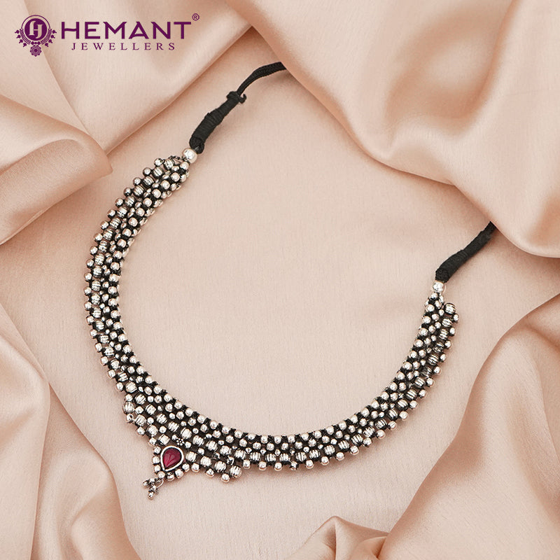 Traditional Maharashtrian Kolhapuri Double Thushi Silver (Oxidized) - 5528