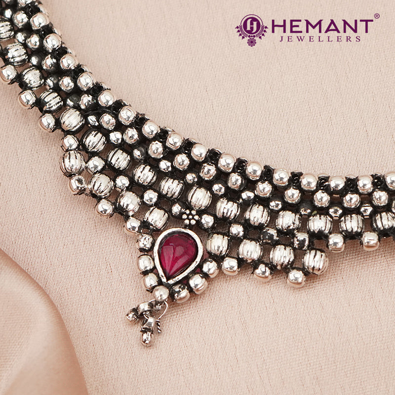 Traditional Maharashtrian Kolhapuri Double Thushi Silver (Oxidized) - 5528