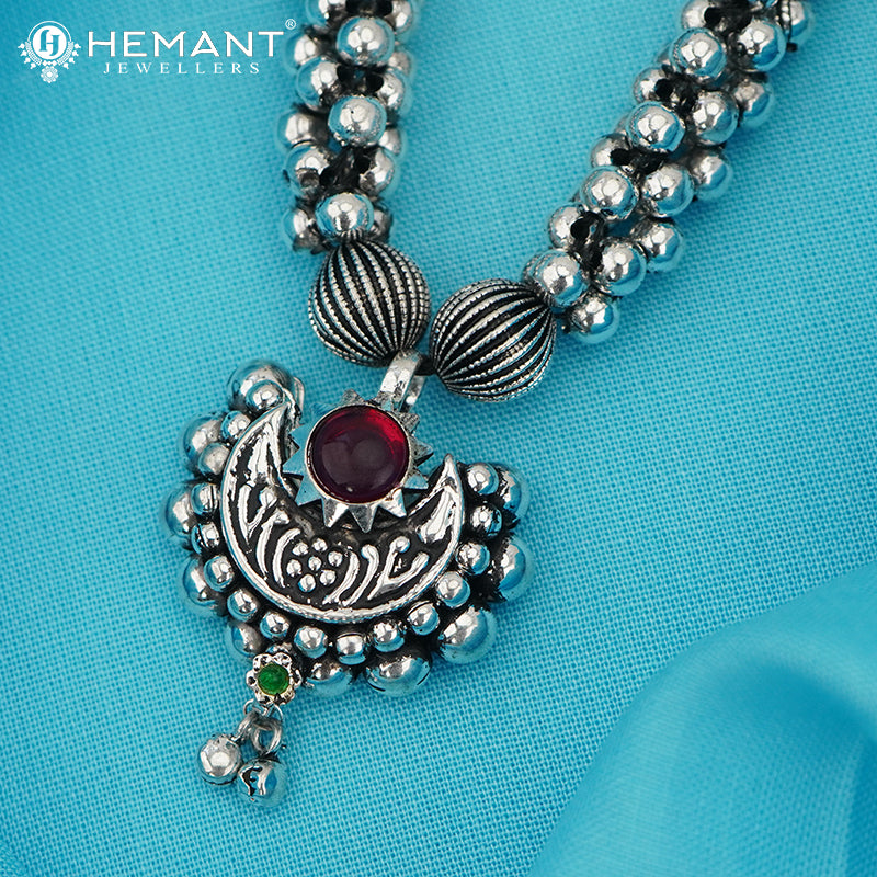 Traditional Maharashtrian Kolhapuri Mangalsutra 5 No. Patch Chand Silver(Oxidized) - 5530