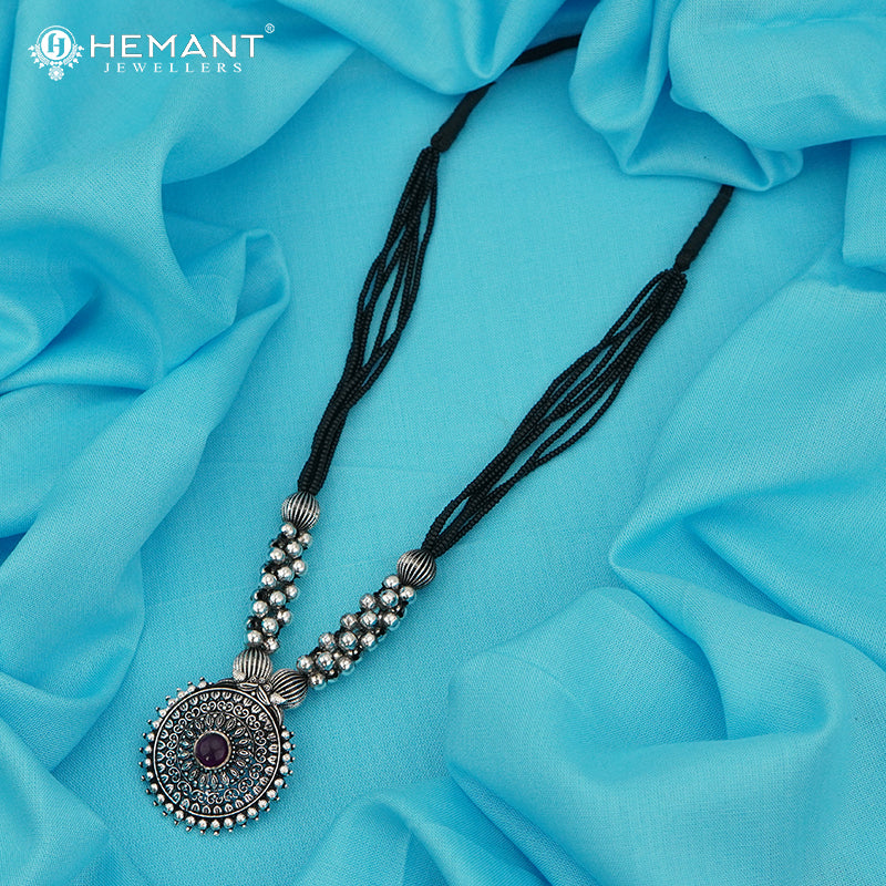 Traditional Maharashtrian Kolhapuri Mangalsutra 5 No. Patch Rava Peacock Silver(Oxidized) - 5529