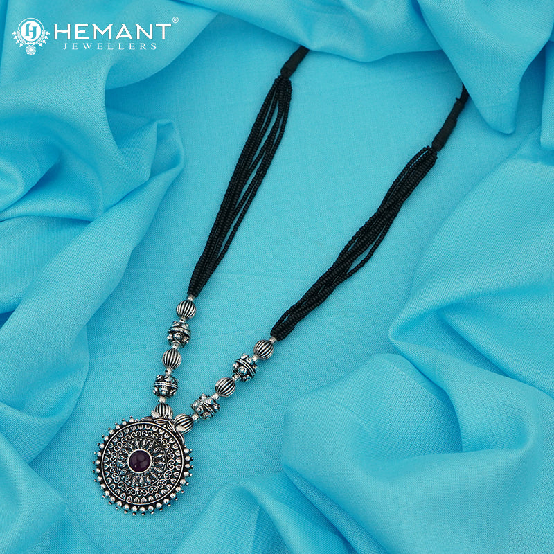 Traditional Maharashtrian Kolhapuri Mangalsutra Topra Rava Peacock Silver(Oxidized) - 5531