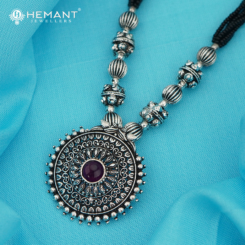 Traditional Maharashtrian Kolhapuri Mangalsutra Topra Rava Peacock Silver(Oxidized) - 5531