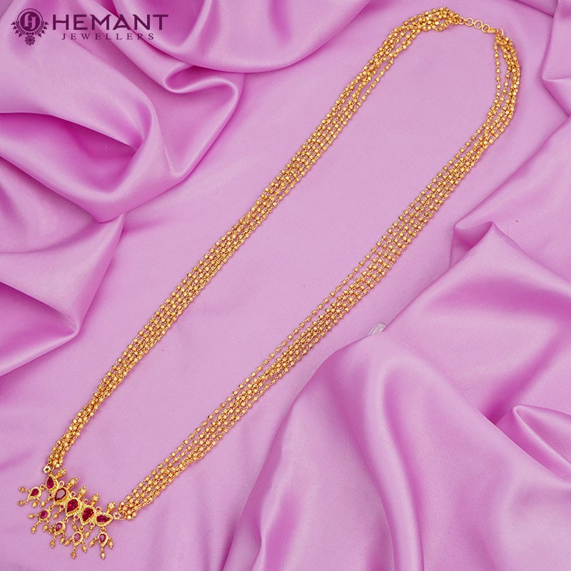 Traditional Maharashtrian Kolhapuri Micro Gold Plated Dot Mala Puneri 5 Stone Long