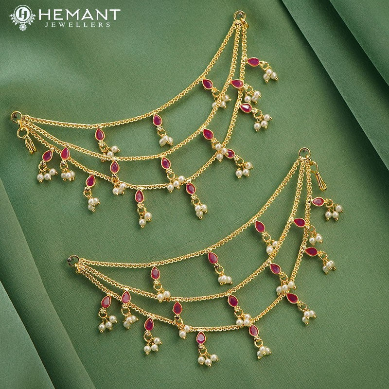 Traditional Maharashtrian Kolhapuri Micro Gold Plated Kan Chain Moti III Panadi