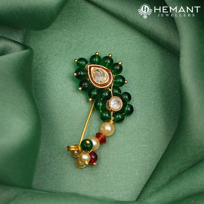 Traditional Maharashtrian Kolhapuri Micro Gold Plated Nath/Nose Pin Green (Clip On)