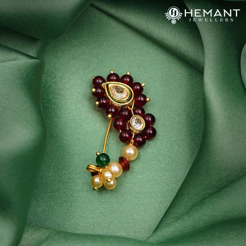 Traditional Maharashtrian Kolhapuri Micro Gold Plated Nath Maroon(Nose Pin)