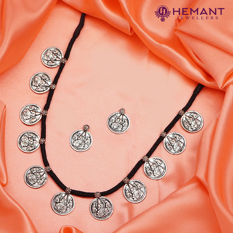 Traditional Maharashtrian Kolhapuri Micro Gold Plated Putali Har 11 Coin Black Silver(Oxidized) - 5059