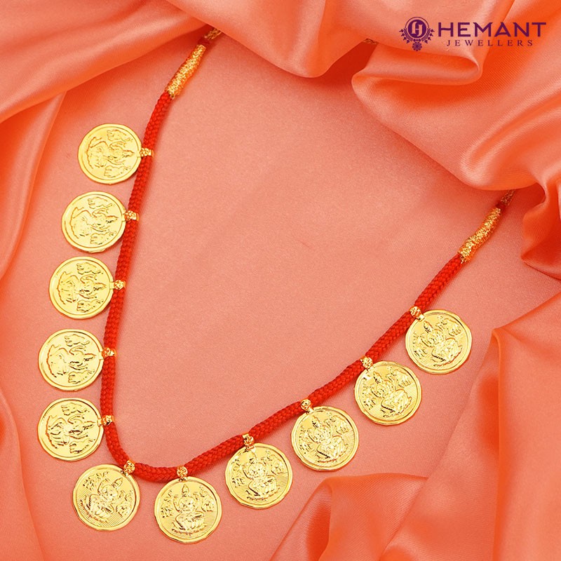 Traditional Maharashtrian Kolhapuri Micro Gold Plated Putali Har 11 Coin Red Small (with earrings)