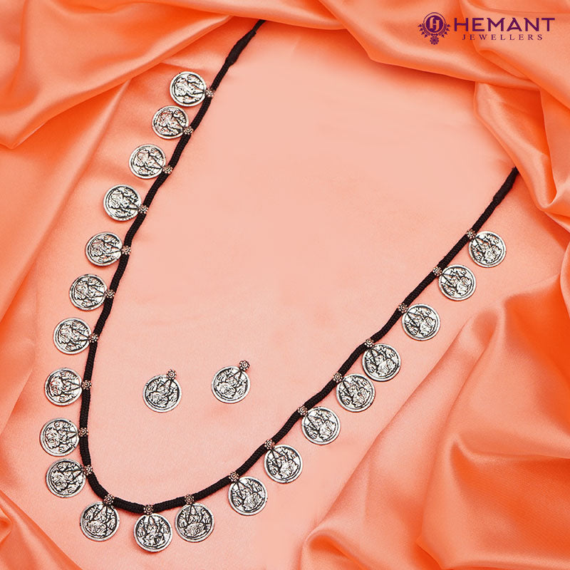 Traditional Maharashtrian Kolhapuri Micro Gold Plated Putali Har 21 Coin Black Silver(Oxidized) - 5060