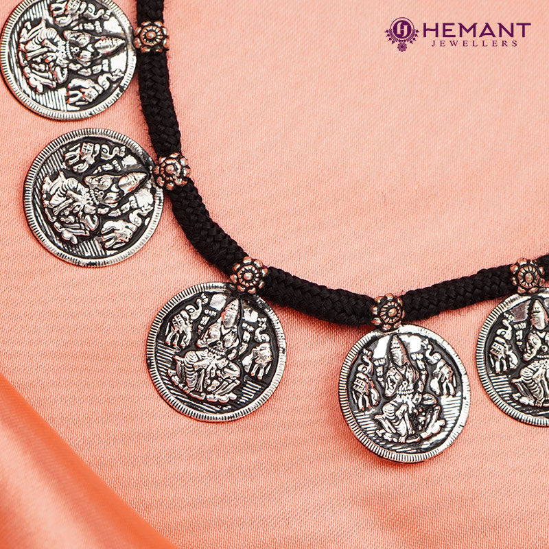 Traditional Maharashtrian Kolhapuri Micro Gold Plated Putali Har 21 Coin Black Silver(Oxidized) - 5060