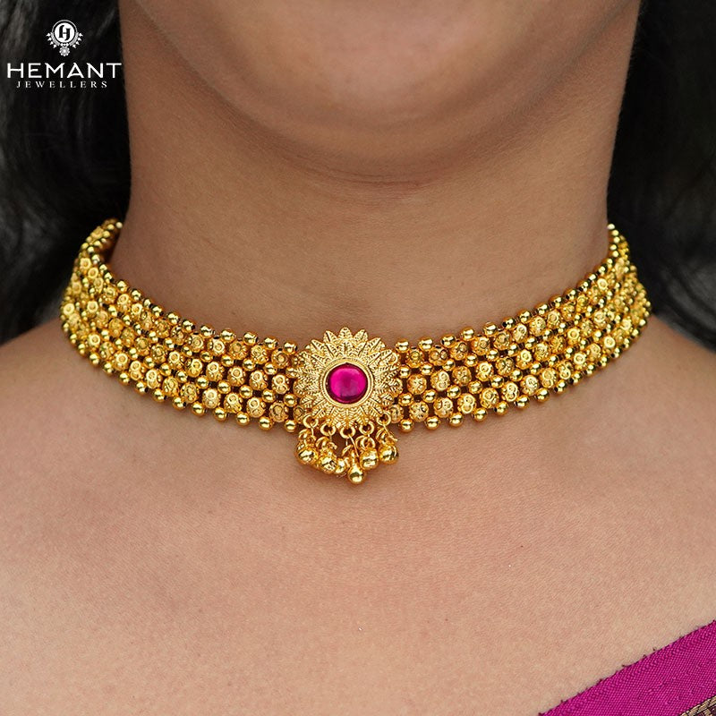 Traditional Maharashtrian Kolhapuri Micro Gold Plated Thushi Patta Dot Round