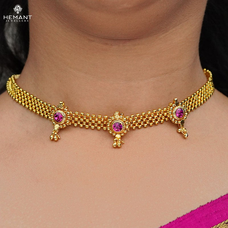 Traditional Maharashtrian Kolhapuri Micro Gold Plated Thushi Patta Golden 3 Saj Ghat