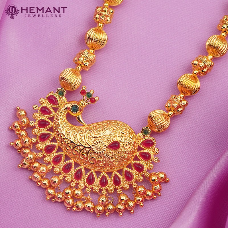 Traditional Maharashtrian Kolhapuri Micro Gold Plated Topra Mala Peacock Paan Pendal Long