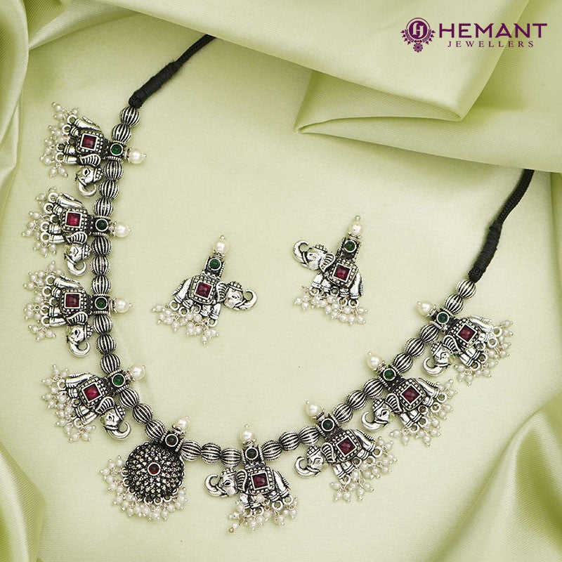 Traditional Oxidized Guttapusalu Haar Hathi Silver WT