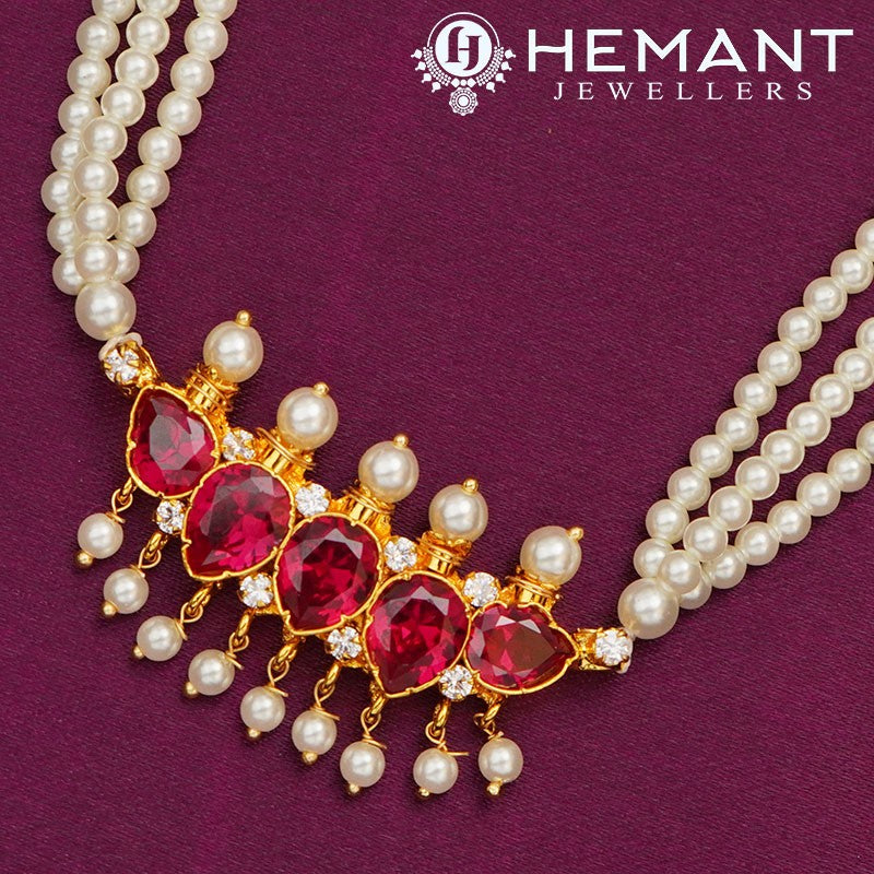 Traditional Maharashtrian Tanmani Moti Necklace 3 Line Gadha 5 Stone