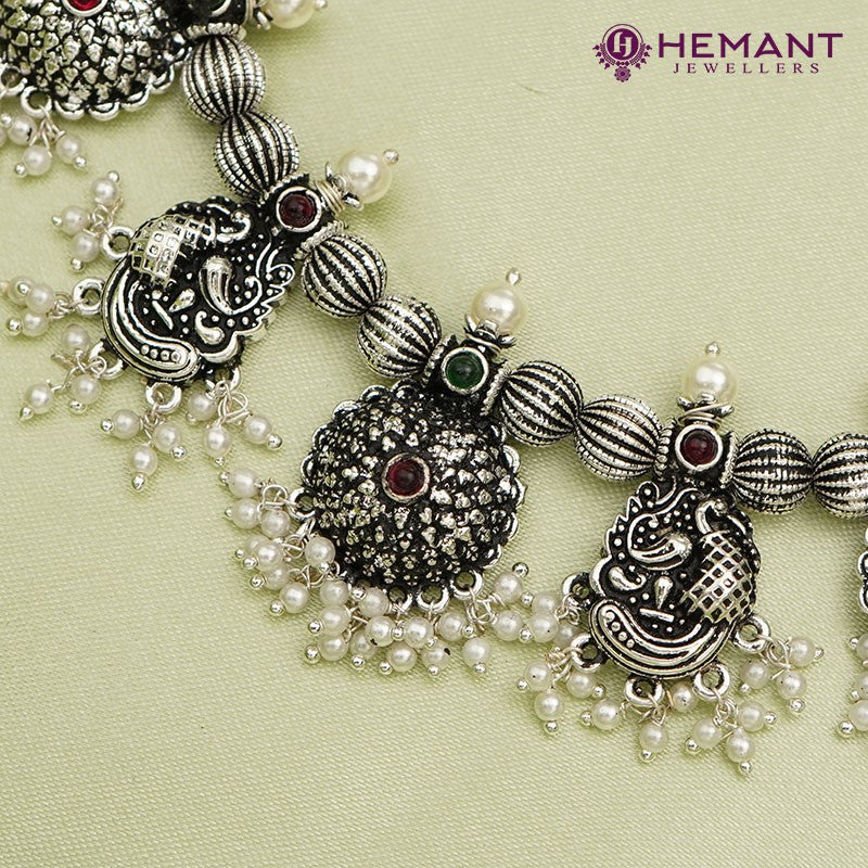 Traditional Oxidized Guttapusalu Haar Peacock Silver WT Hemant Jewellers
